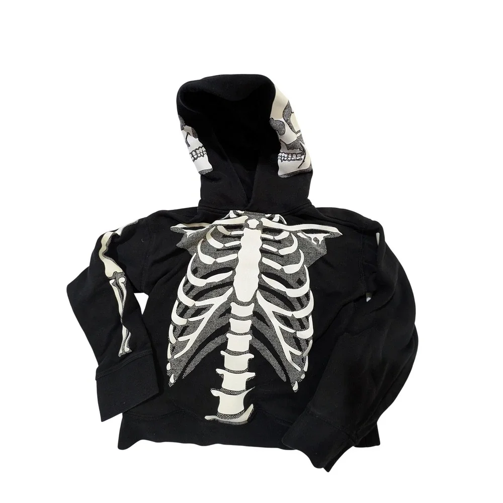 Gap Kids Skeleton Hoodie Black Bone Print Skull Hood Sweatshirt Size M 8